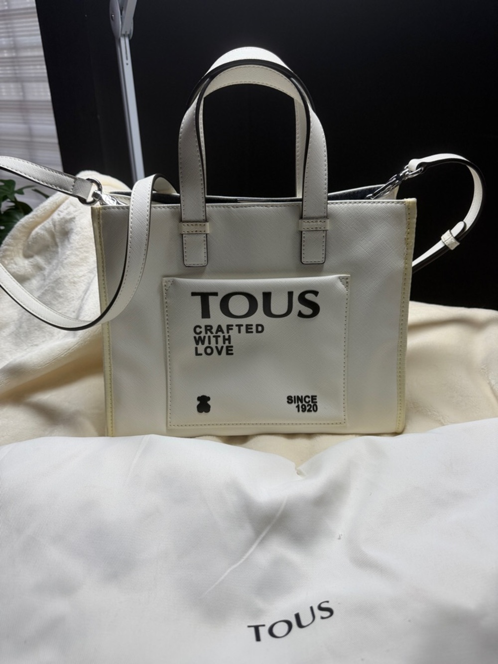 TOUS White Leather Tote with Front Logo Pocket